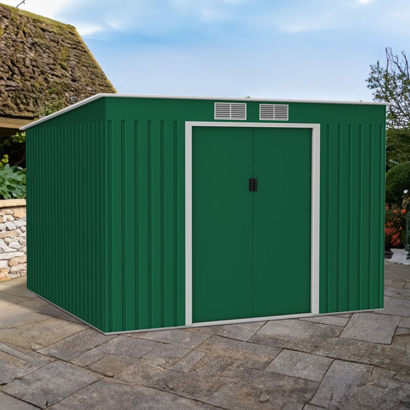 9x8 Lotus Hestia Pent Metal Shed with Foundation Kit in Dark Green - in situ, angle view