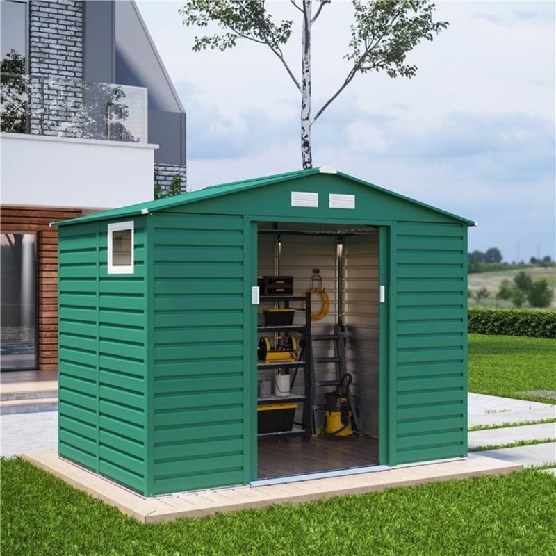9x6 Lotus Hypnos Apex Metal Shed in Green - in situ, angle view, doors open