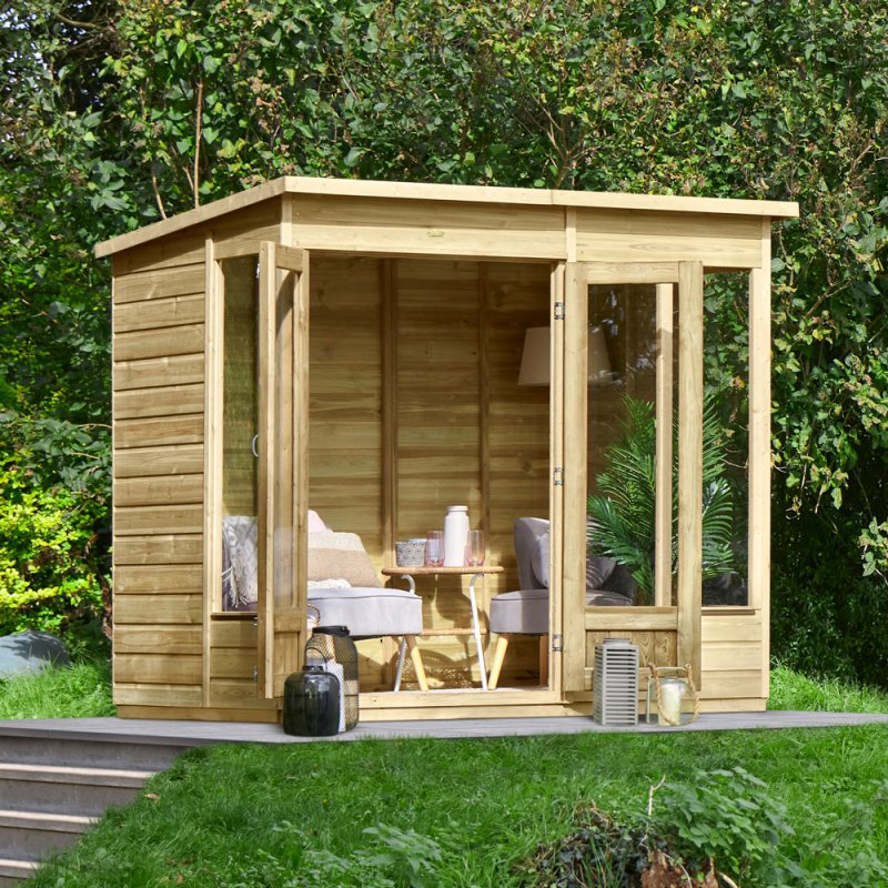 8x6 Forest Beckwood Pent Summerhouse with Double Doors - 25yr Guarantee - in situ, angle view