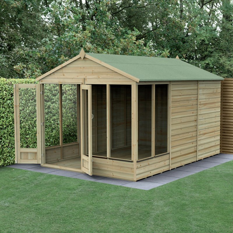 12ft x 8ft Forest Beckwood Summerhouse Pressure Treated - insitu with doors open