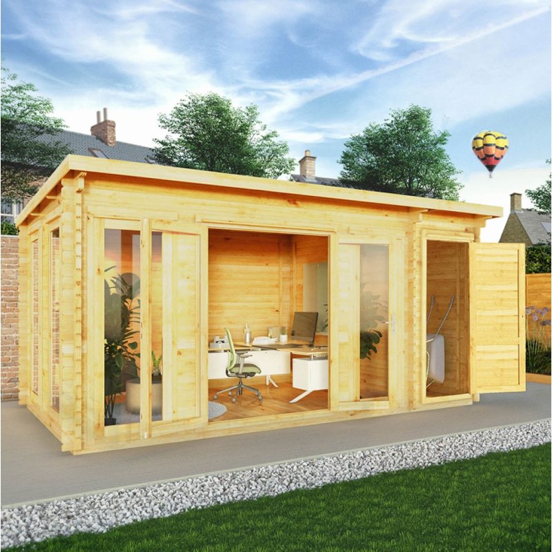 5.1m x 3m Mercia Studio Pent Log Cabin With Side Shed - In Situ, Doors Open