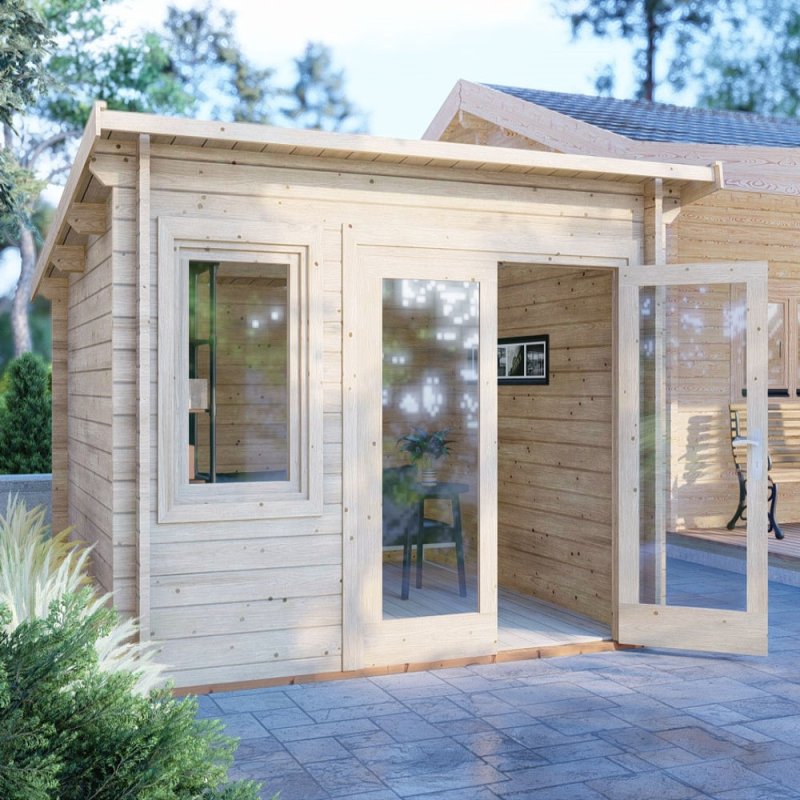 10Gx10 Shire Elm Log Cabin with Side Shed in 44mm Logs - in situ, angle view, doors open