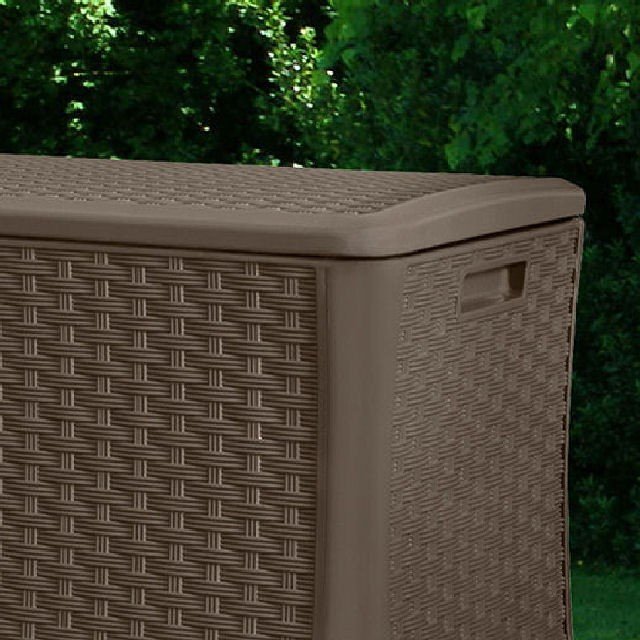 Suncast Rattan Style Wicker Deck Box (507 Litres) elbec garden buildings