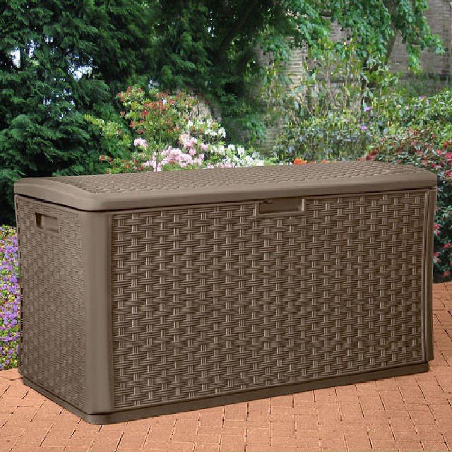 Suncast Rattan Style Wicker Deck Box (507 Litres) elbec garden buildings