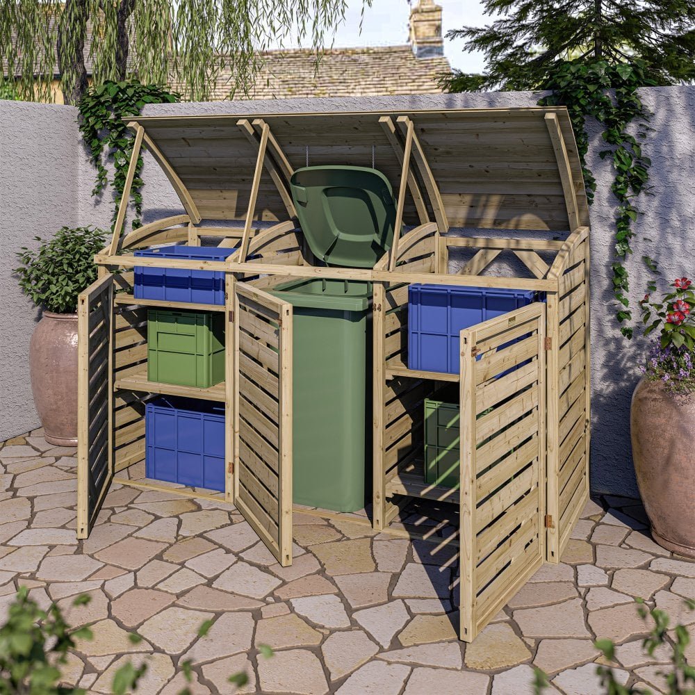 Single Wheelie Bin Store with Double Recycling Box Store - elbec garden ...