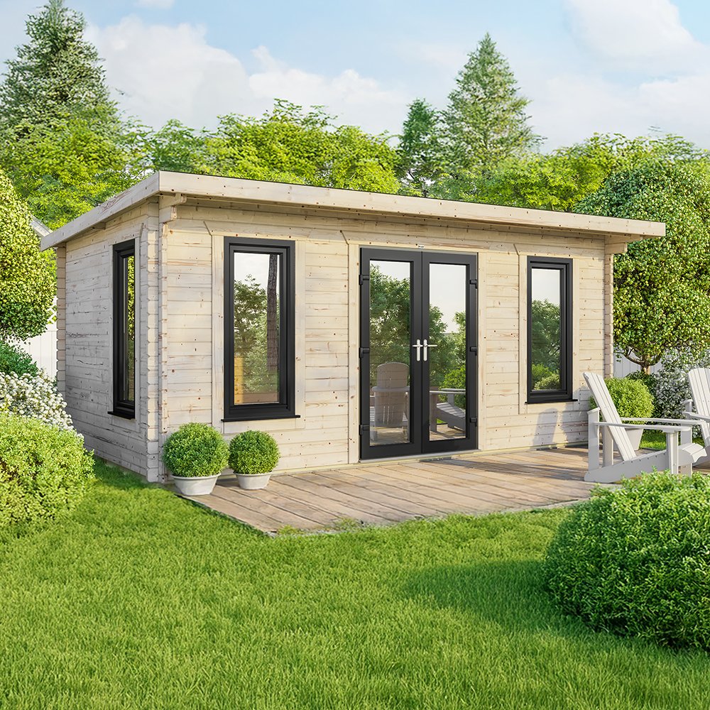 20 x 12 Powersheds Pent Log Cabin 44mm logs with uPVC - elbec garden ...