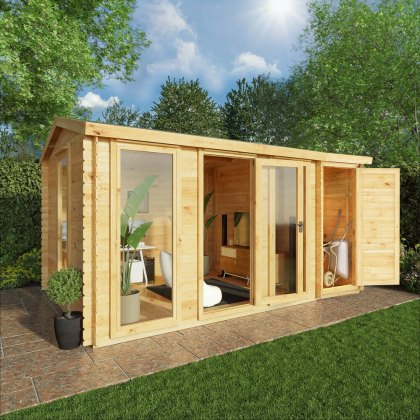 15 x 10 (4.6m x 3m) Mercia Reverse Apex Log Cabin With Side Shed in 19mm Logs