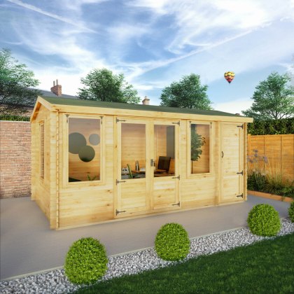 16 x 10 (5.1m x 3m) Mercia Reverse Apex Log Cabin With Side Shed in 19mm Logs