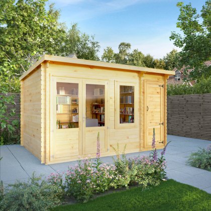 4.1m x 3m Mercia Elite Pent Log Cabin With Side Shed - 28mm Logs