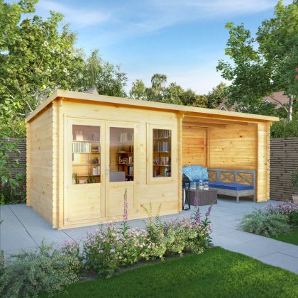 6m x 3m Mercia Elite Pent Log Cabin With Patio Area - 28mm Logs