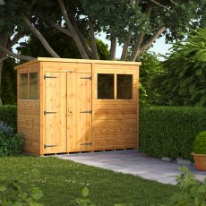 8 x 4 Powersheds Tongue & Groove Pent Wooden Shed With Double Doors, angled garden view