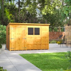 10 x 8 Powersheds Tongue & Groove Pent Wooden Shed With Double Doors - in situ, angle view