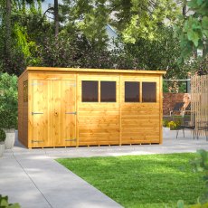 12 x 8 Powersheds Tongue & Groove Pent Wooden Shed With Double Doors - in situ, angle view