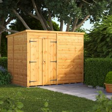 8 x 6 Powersheds Tongue & Groove Windowless Pent Wooden Shed With Double Doors - in situ, angle view