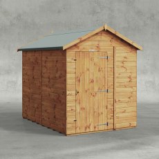 A clean product shot of the 8 x 6 Powersheds Tongue & Groove Windowless Apex Wooden Shed against a white background showing the solid timber walls and single door.