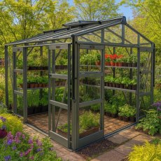 Elite Sanctuary 8x8 Greenhouse - in situ, side view, doors open