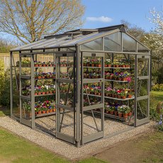Elite Sanctuary 10x8 Greenhouse - in situ, side view, doors open