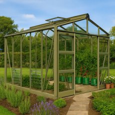 Elite Sanctuary 6x8 Greenhouse Package - in situ, angle view, doors open