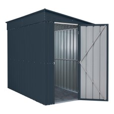 5x8 Globel Lean-to Metal Shed in Grey - isolated angle view, doors open, door right hand gable