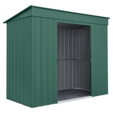 8x4 Globel Pent Metal Shed in Green - isolated angle view, doors open