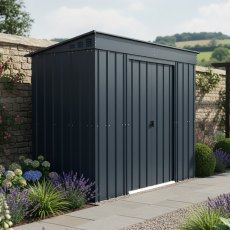 8x4 Globel Pent Metal Shed in Grey - in situ, angle view
