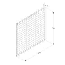 Technical line drawing of Forest Heritage lap fence panel showing dimensions and panel structure.