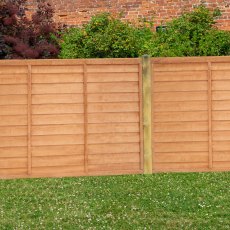 4ft high Forest Heritage lap fence panels installed in a garden with grass and planting behind.