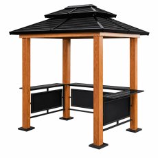 An isolated studio shot of the 8 x 6 Rowlinson Sojag Maui BBQ Shelter. The 8ft by 6ft frame has a wood-effect finish and a grey metal roof.