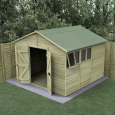 10 x 10 Forest Timberdale 25yr Guarantee Tongue & Groove Pressure Treated Double Door Apex Shed, garden setting
