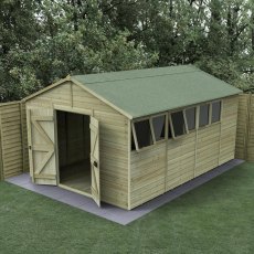 15 x 10 Forest Timberdale 25yr Guarantee Tongue & Groove Pressure Treated Double Door Apex Shed, opening windows