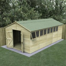 20 x 10 Forest Timberdale 25yr Guarantee Tongue & Groove Pressure Treated Double Door Apex Shed, garden setting