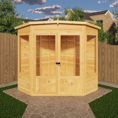 Shire Ramsey 6 x 6 Corner Summerhouse front view with glazed double doors and modern corner design
