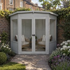 Shire Ramsey 6 x 6 Corner Summerhouse with contemporary anthracite doors and windows in a landscaped garden