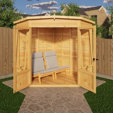 Interior of the Shire Ramsey 6 x 6 Corner Summerhouse showing bright open timber living space