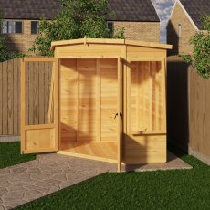 Shire Ramsey 6 x 6 Corner Summerhouse with fully opened double doors creating a spacious garden retreat