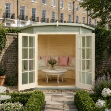 Shire Hampton 6 x 6 Corner Summerhouse with fully opened glazed doors creating a bright garden retreat