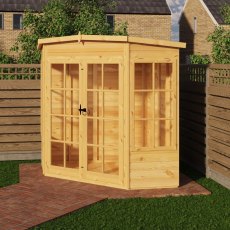 Shire Hampton 6 x 6 Corner Summerhouse front view with timber construction and Georgian glazed double doors