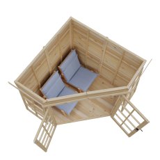 Top-down layout of the Shire Hampton 6 x 6 Corner Summerhouse showing furnished interior and usable floor space
