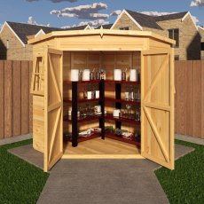 Shire 6x6 Corner Shed with double doors open showing interior storage
