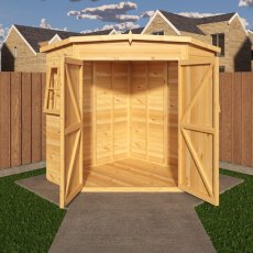 Shire 6x6 Corner Shed with open double doors showing timber interior