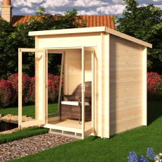 Side view of Shire Tilney 6x7 wooden garden log cabin with open doors