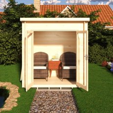 Shire Tilney 6x7 log cabin with open double doors showing furnished garden room interior