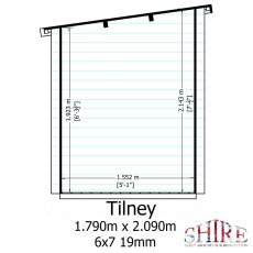 Shire Tilney 6x7 log cabin side elevation showing roof height and dimensions