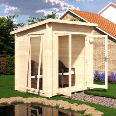 Shire Tilney 6x7 log cabin with open glazed double doors showing interior