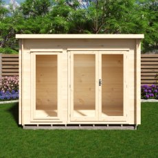 Front view of Shire Tilney 10x6 wooden log cabin with glazed double doors