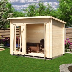 Shire Tilney 10x6 log cabin with open double doors showing furnished interior