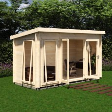 Shire Tilney 6x13 log cabin with open glazed doors showing the garden room interior
