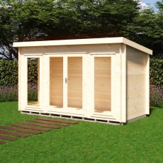 Front and side view of Shire Tilney 6x13 wooden log cabin with glazed doors and windows