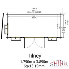 Shire Tilney 6x13 log cabin floor plan showing double door position and internal dimensions