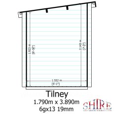 Shire Tilney 6x13 log cabin side elevation showing roof height and dimensions